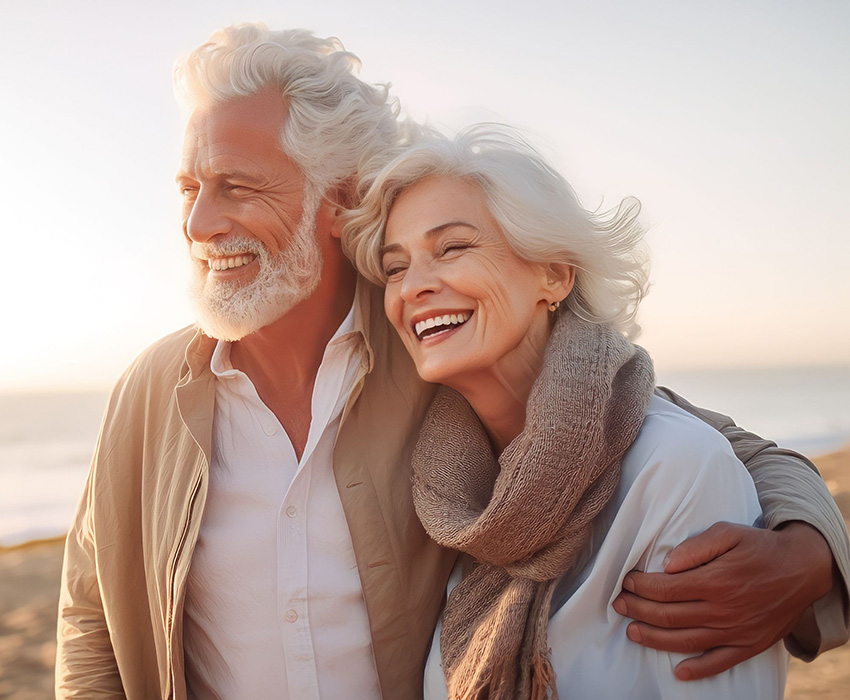 a smiling elderly couple standing on the beach looking into the sunset